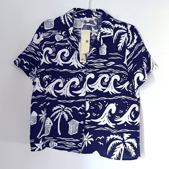 C&C California Hawaiian Novelty Beachy Print Linen Blend Button Down Shirt NEW - Picture 1 of 13